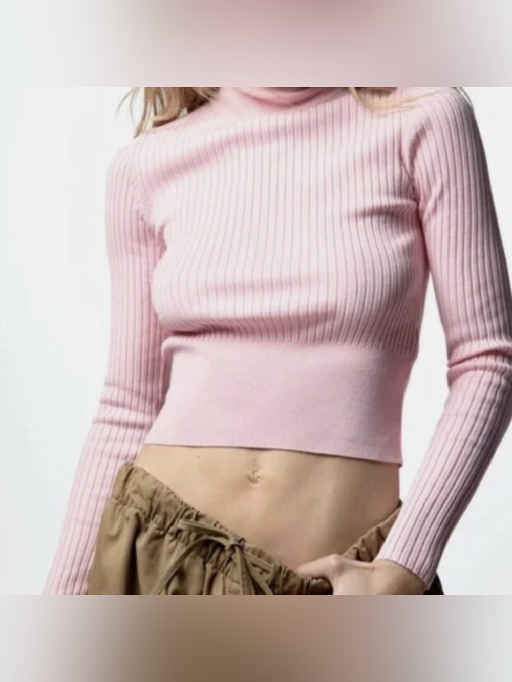 Zara Cropped Pink Ribbed Turtleneck Sweater